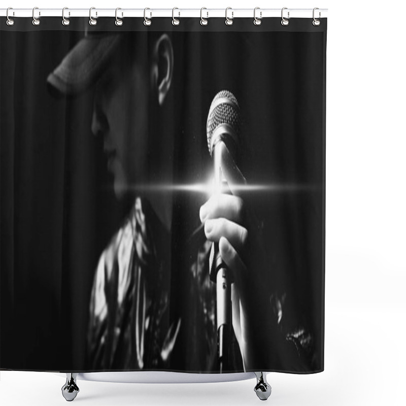 Personality  Portrait Of Asian Handsome Singer Posing On Microphone, Black And White Shower Curtains