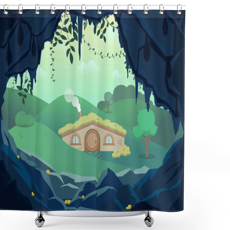 Personality  Fantasy Landscape With Gnome House Between The Forest Hills And Gold Dark Cave , Vector Hand Draw Illustration Shower Curtains