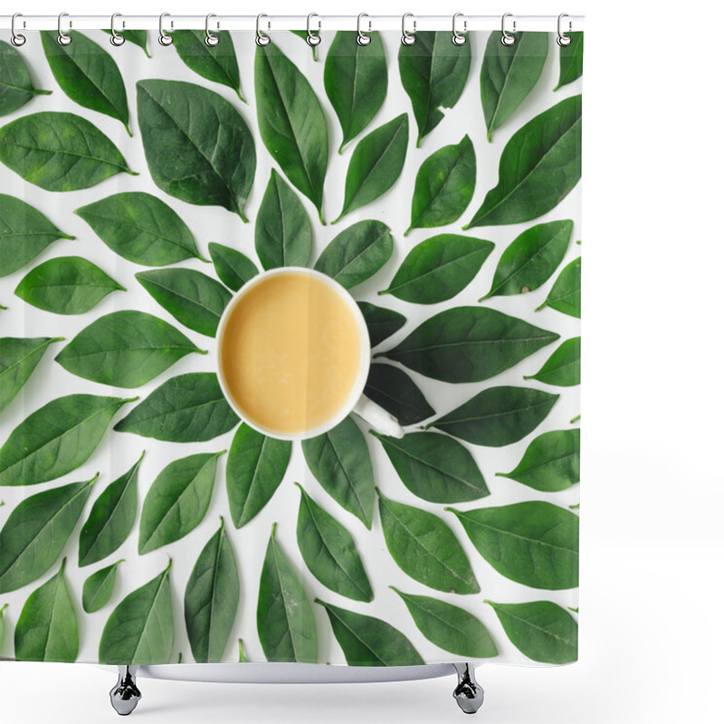 Personality    Cup On Green Leaves Background Shower Curtains