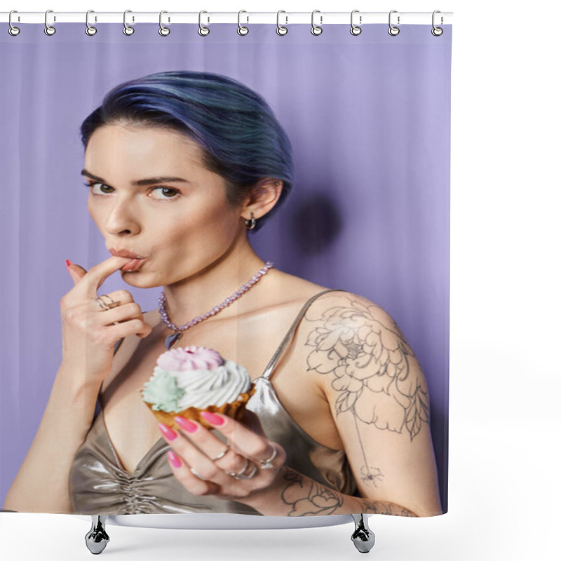 Personality  A Stylish Young Woman With Short Blue Hair In A Silver Party Dress Holding A Delicious Cupcake. Shower Curtains