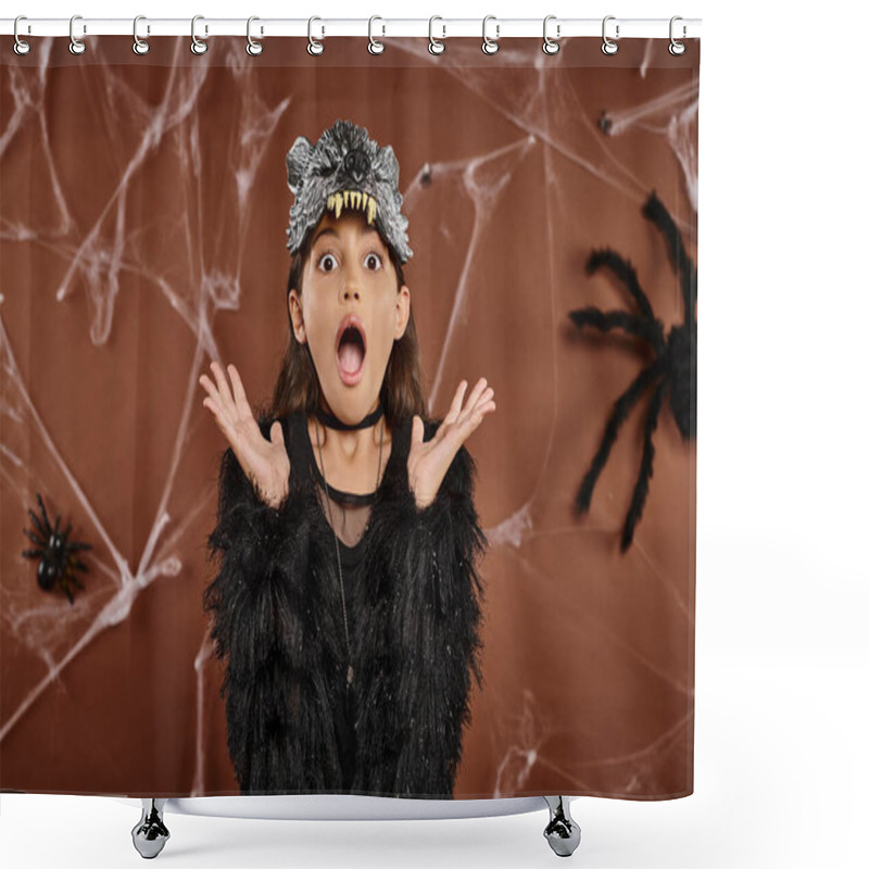 Personality  Close Up Preteen Girl Looking Horrified With Raised Hands On Brown Background, Halloween Concept Shower Curtains