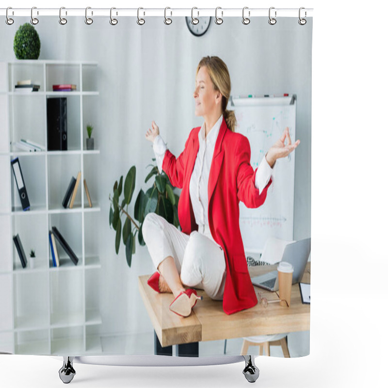 Personality  Attractive Businesswoman Meditating In Lotus Pose On Table In Office Shower Curtains