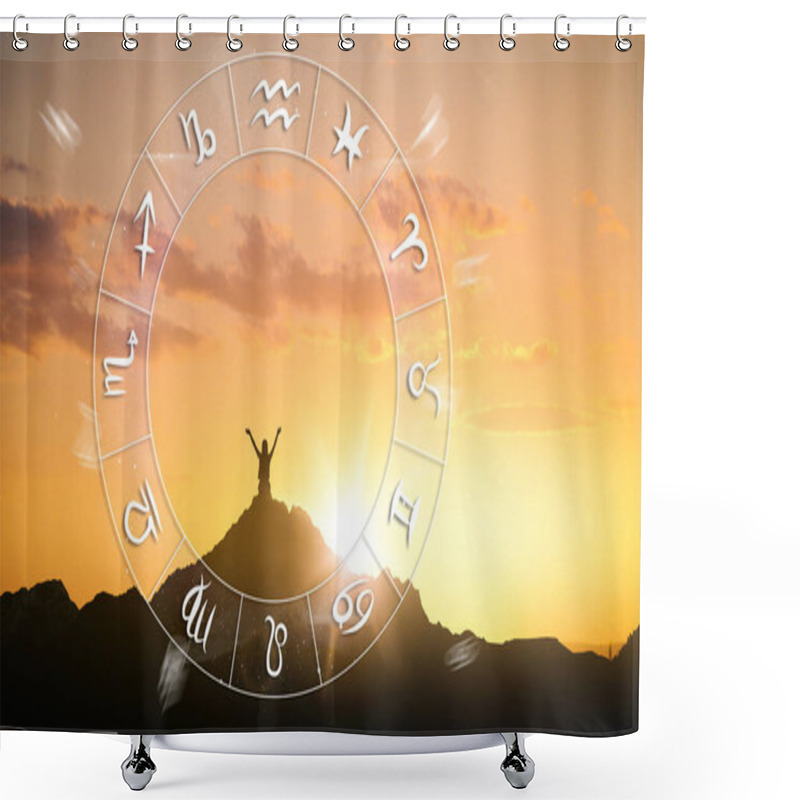 Personality  Zodiac Wheel And Photo Of Woman In Mountains Under Sunset Sky, Space For Text. Banner Design Shower Curtains