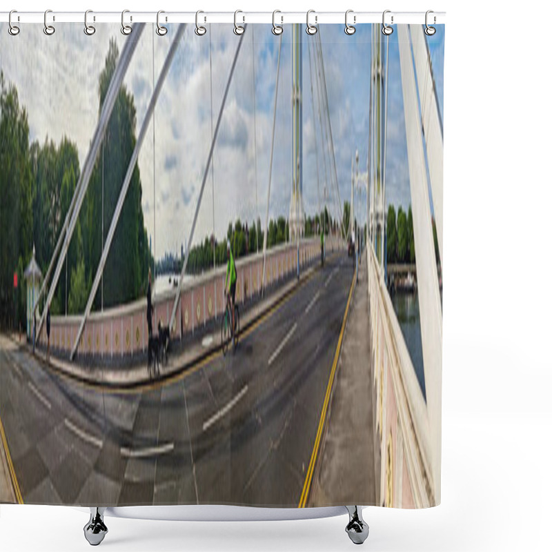 Personality  Wide Angle Panoramic Central Chelsea London City On River Thames Albert Bridge Road England United Kingdom. Low Angle High Resolution Image Was Captured On June 3rd, 2024 Shower Curtains