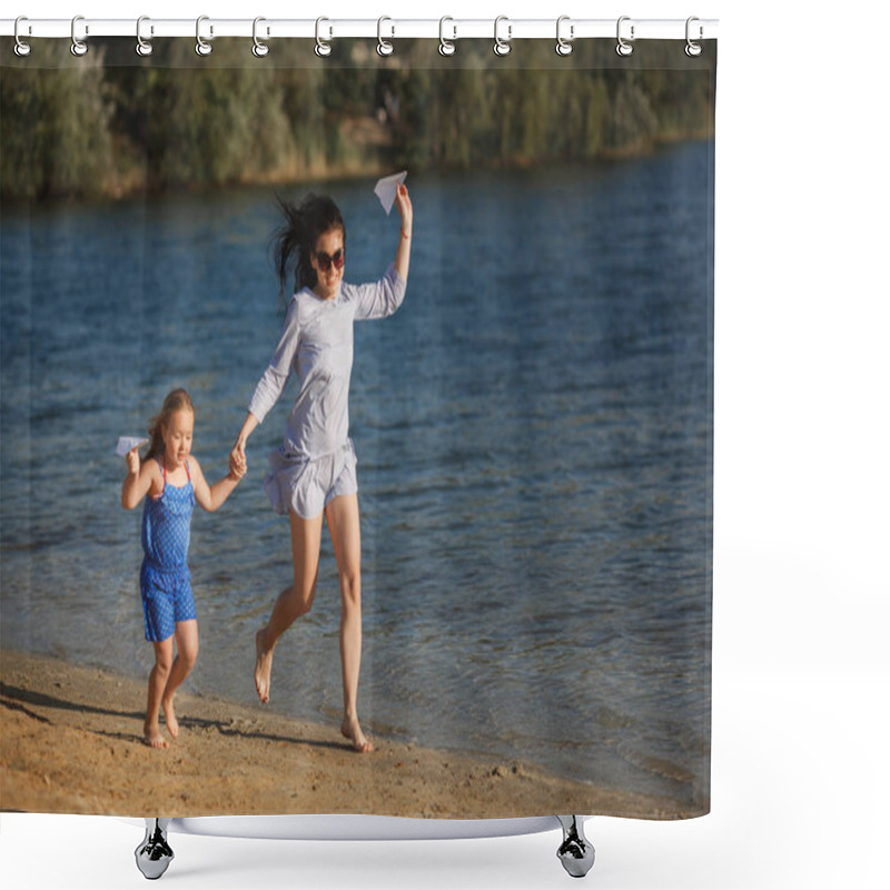 Personality  Young Mother With Daughter Running On Sandy Beach With Paper Planes In Hands Shower Curtains