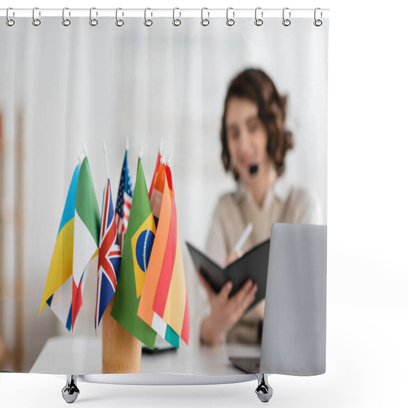 Personality  Selective Focus Of International Flags Near Language Teacher Writing In Notebook During Online Lesson At Home Shower Curtains