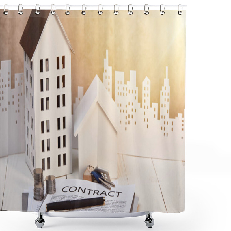 Personality  Houses Models On White Wooden Table With Contract, Coins And Keys Near White Paper Cut City, Real Estate Concept Shower Curtains