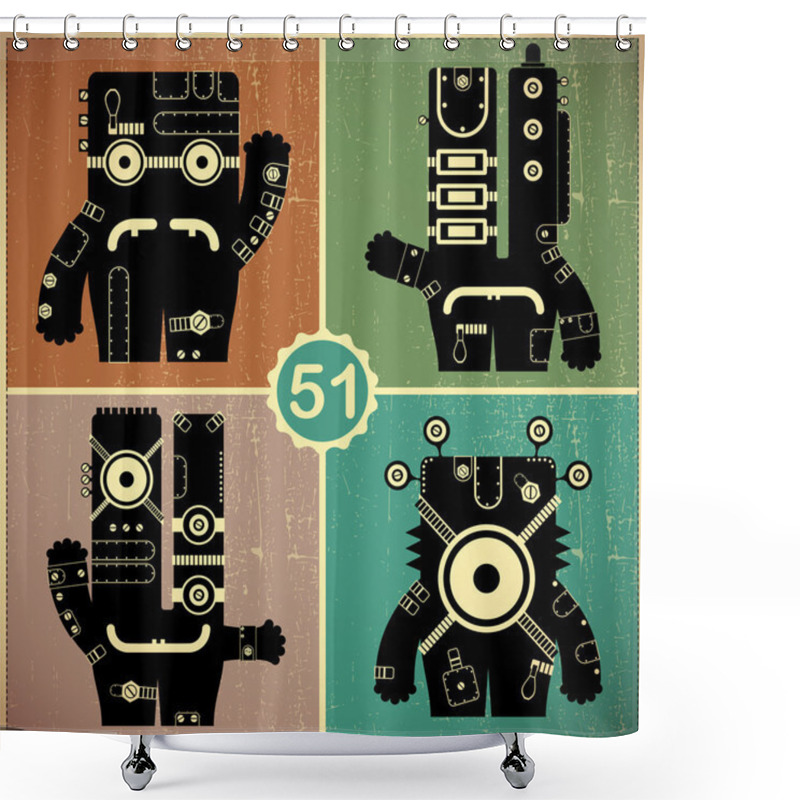 Personality  Set Of Four Monsters At Retro Grunge Background Shower Curtains