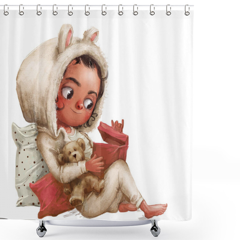 Personality  Cute Little Cartoon Girl With Teddy Bear And Present Box Shower Curtains