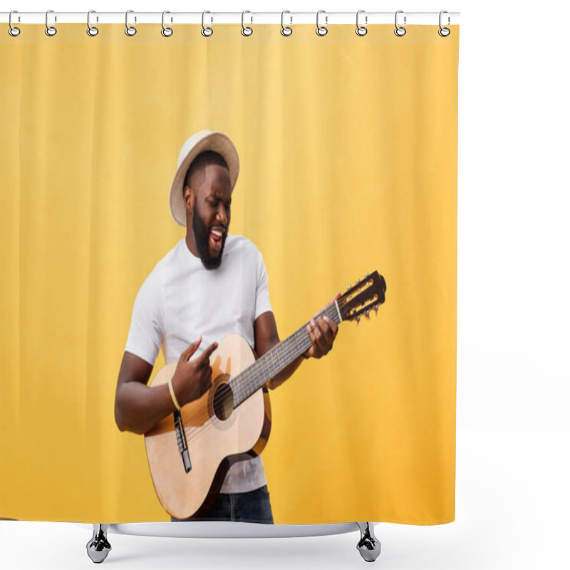 Personality  Muscular Black Man Playing Guitar, Wearing Jeans And White Tank-top. Isolate Over Yellow Background. Shower Curtains