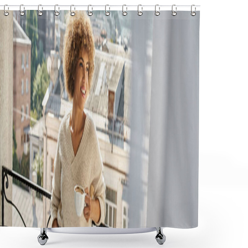 Personality  Dreamy Young African American Woman Standing With Cup Of Coffee On Hotel Balcony, Travel Banner Shower Curtains