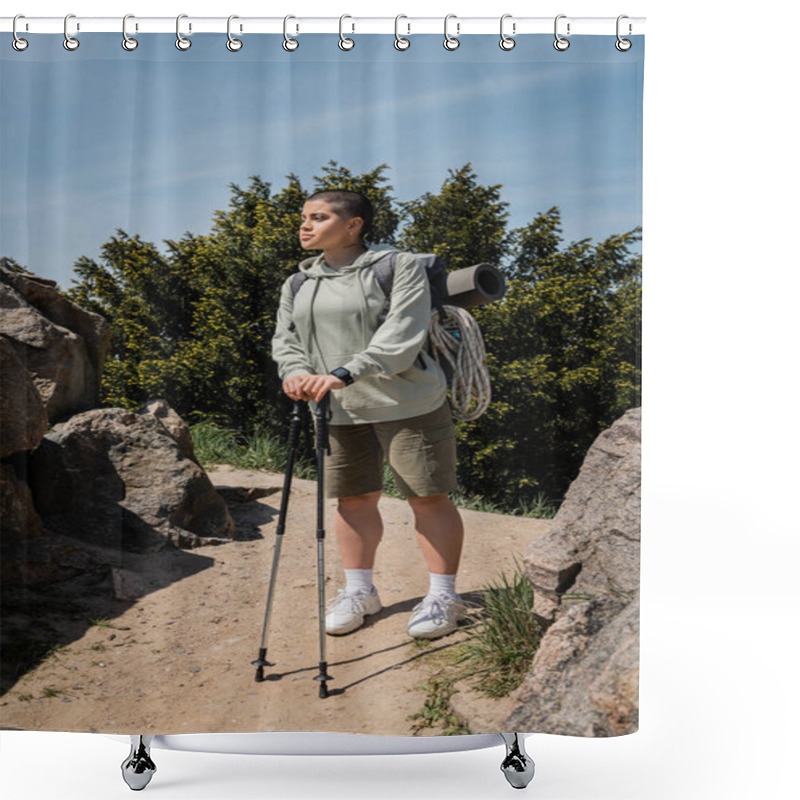 Personality  Young Short Haired And Tattooed Female Hiker With Fitness Tracker And Backpack With Travel Equipment Holding Trekking Poles While Standing On Path With Stones, Trekking Through Rugged Terrain Shower Curtains