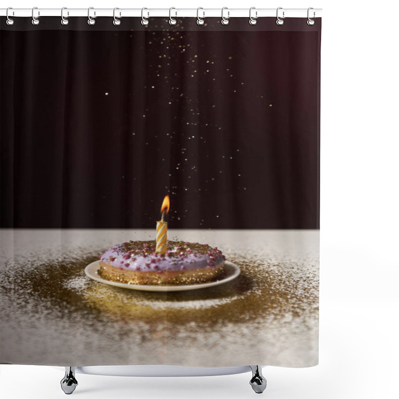 Personality  Burning Candle In Middle Of Tasty Donut With Falling Sparkles Isolated On Black Shower Curtains