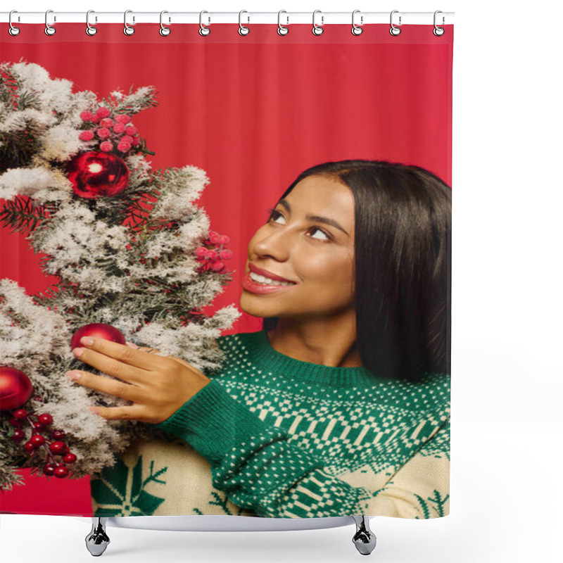 Personality  A Beautiful Woman Dressed In A Festive Sweater Smiles While Holding Holiday Decorations. Shower Curtains