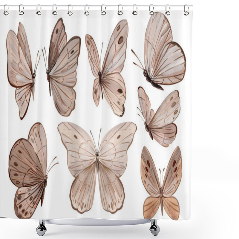 Personality  Beige Butterflies On Isolated White Background, Acrylic Painting, Modern Art. High Quality Illustration Shower Curtains