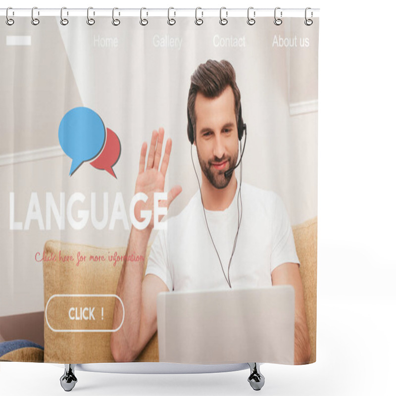 Personality  Selective Focus Of Smiling Teleworker In Headset Waving Hand During Video Chat On Laptop At Home, Language Illustration Shower Curtains