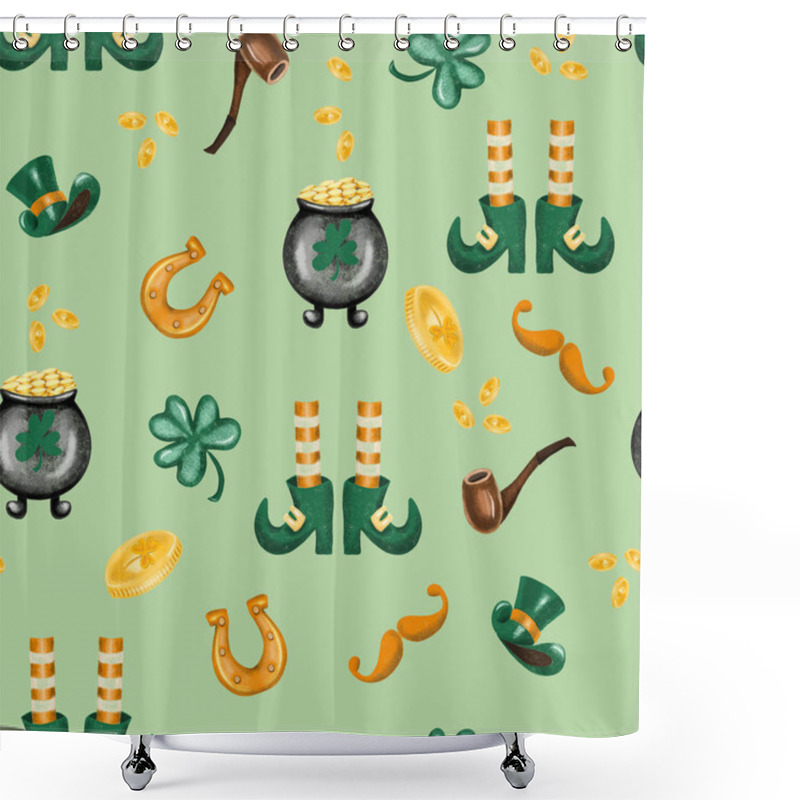 Personality  Seamless Pattern Of St.Patrick's Day Elements, Hand Drawn On A Green Background Shower Curtains