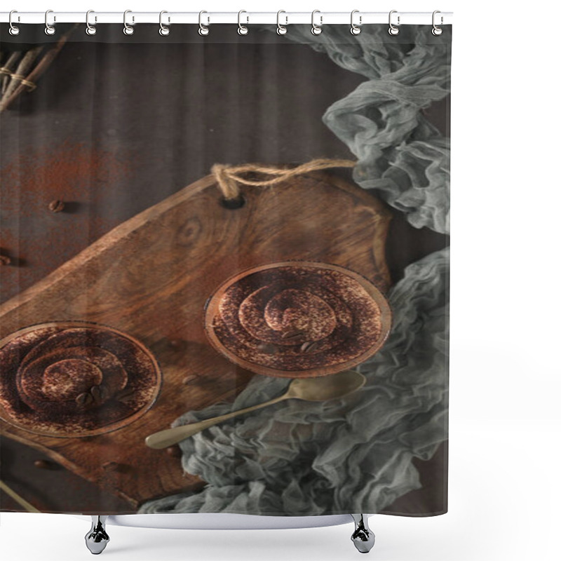 Personality  Tiramisu Desserts On A Wooden Board, Topped With Cocoa Powder And Coffee Beans, Accompanied By A Gold Spoon And A Textured Cloth, Creating A Rustic Aesthetic Shower Curtains