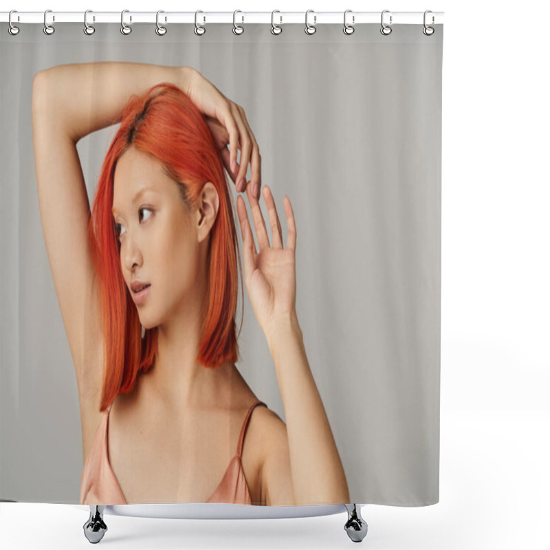 Personality  Alluring Young Asian Woman With Perfect Skin Posing In Silk Slip Dress On Grey Backdrop, Mesmerizing Shower Curtains