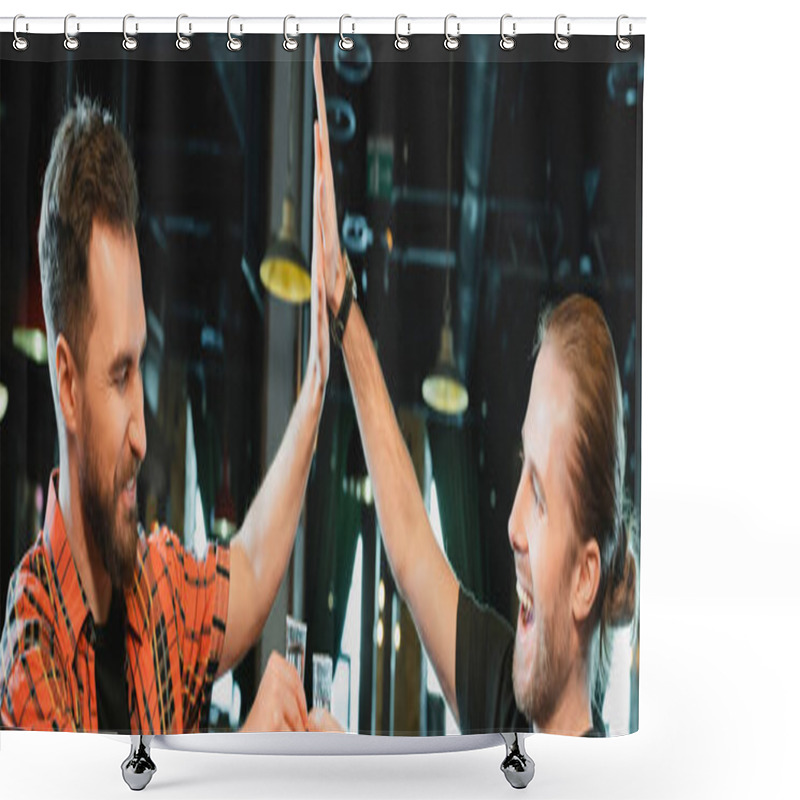 Personality  Cheerful Bearded Men Holding Tequila And Giving High Five In Bar, Banner  Shower Curtains