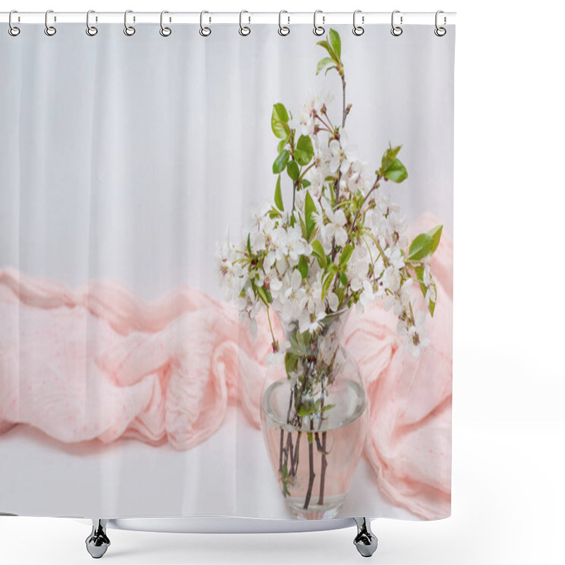 Personality  Flowers In A Vase On A Table On A White, Brown Background. Branches Of Blooming Cherries And Apricots. Close-up Vase Of Water, A Place For An Inscription. For Advertising. Spring Still Life Shower Curtains