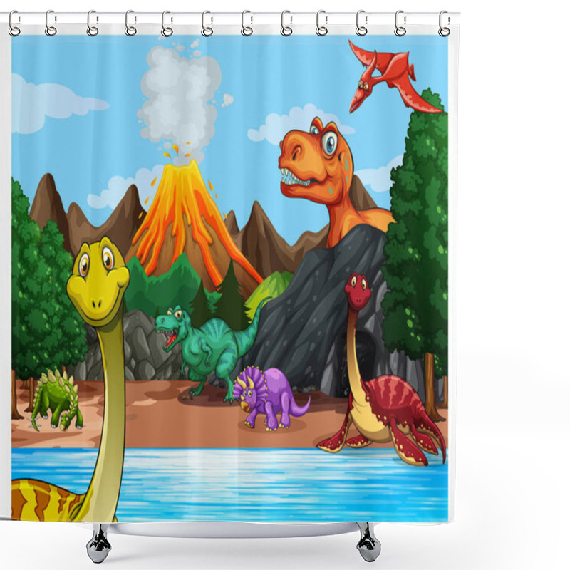 Personality  Prehistoric Forest Scene With Various Dinosaurs Illustration Shower Curtains