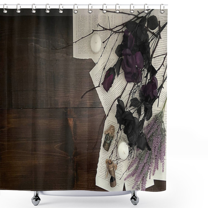 Personality  Dark And Witchy Gothic Wood Background With Black Flowers And Journal Shower Curtains