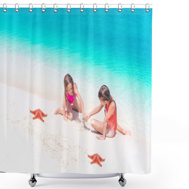 Personality  Adorable Little Girls With Starfish On White Empty Beach Shower Curtains