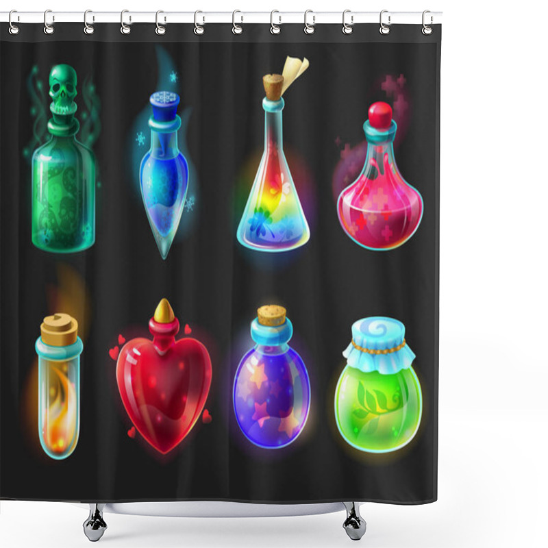 Personality  Magic Potion. Cartoon Game Interface Elements, Alchemist Bottles With Elixir, Poison, Antidote And Love Potion. Vector Fantasy And Fairy Tales Objects Set Shower Curtains