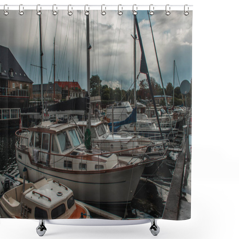 Personality  Boats In Harbor With Cloudy Sky At Background In Copenhagen, Denmark  Shower Curtains