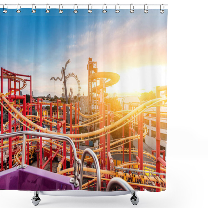 Personality  Aerial View Of Amusement Park At Sunset With Ferris Wheel And Roller Coaster Shower Curtains