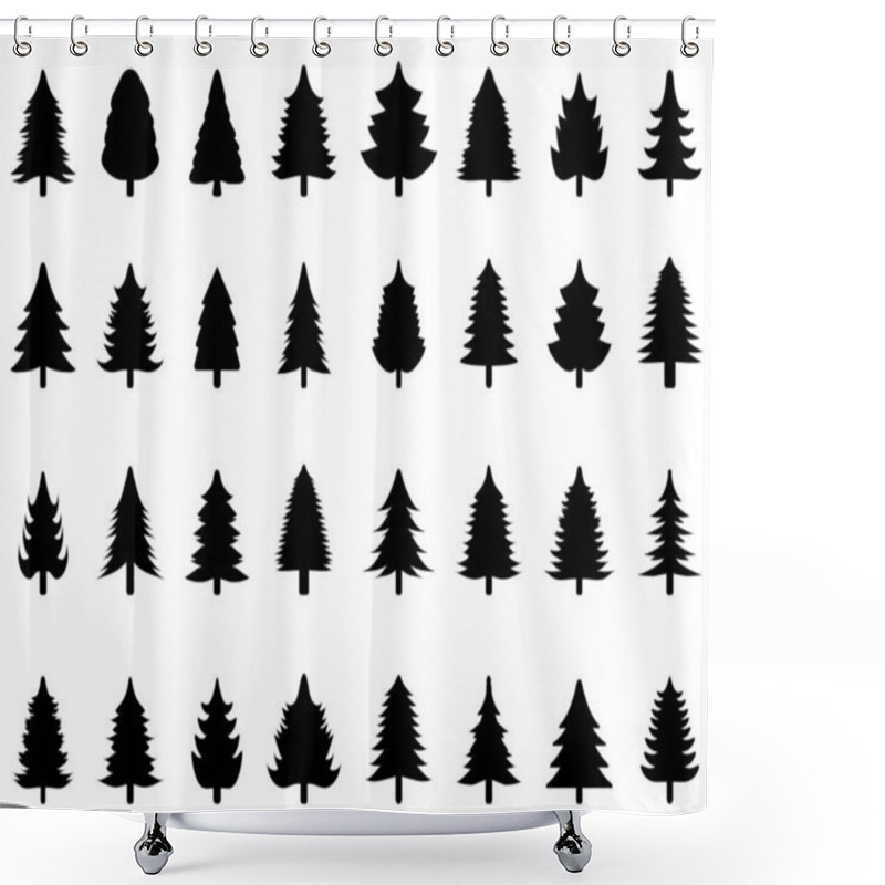 Personality  Set Of Black Christmas Trees On A White Background Shower Curtains