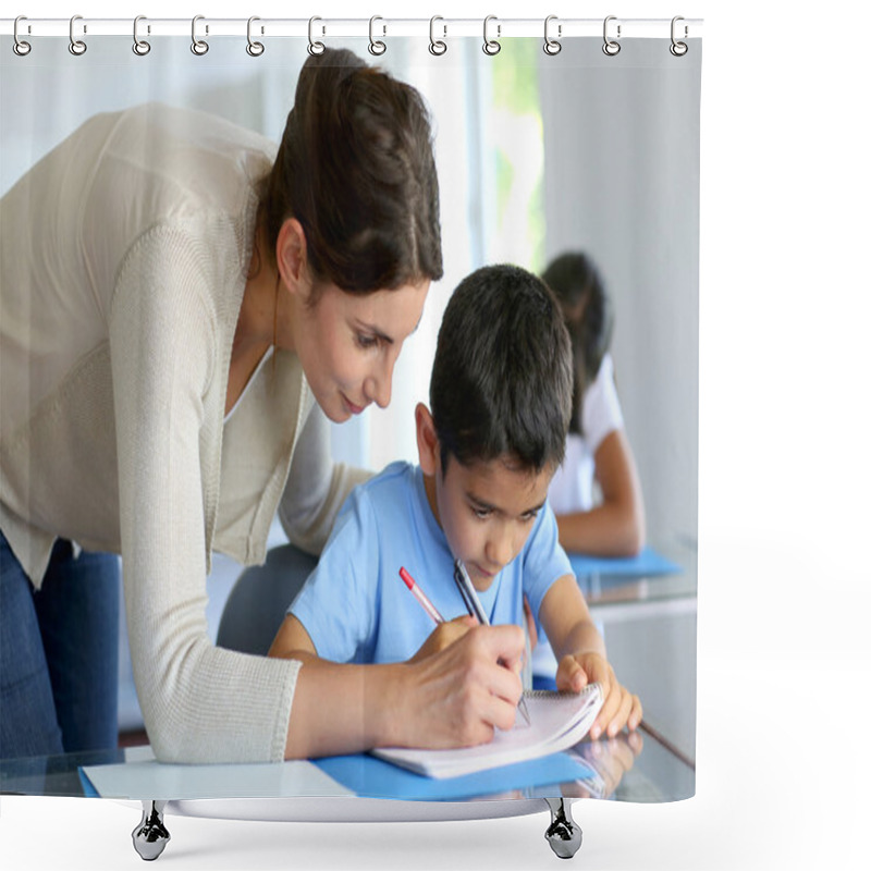 Personality  Teacher Helping Young Boy With Writing Lesson Shower Curtains