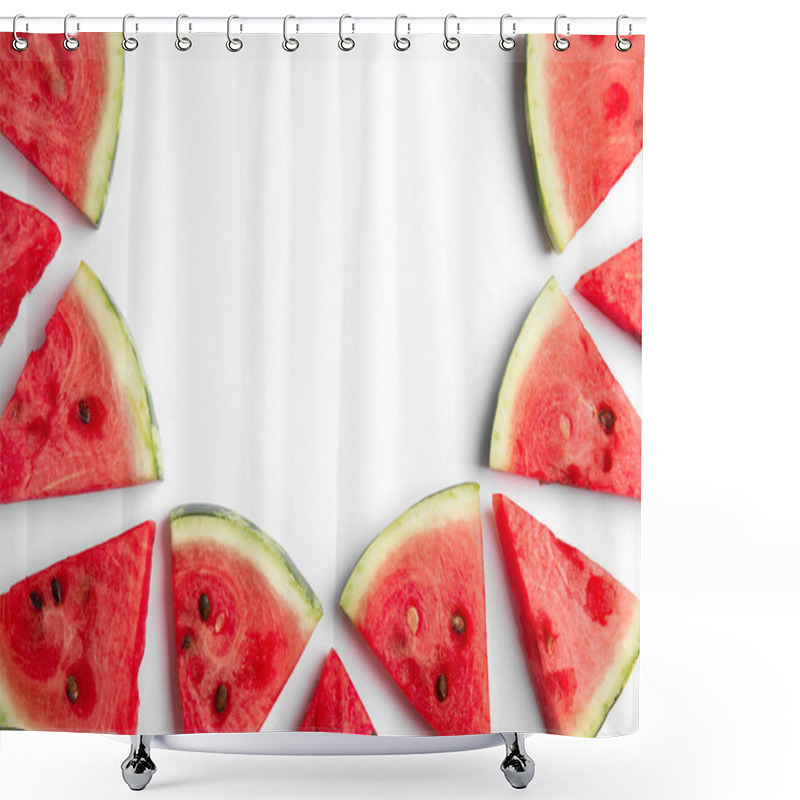 Personality  Slices Of Ripe Watermelon On White Background, Flat Lay. Space For Text Shower Curtains