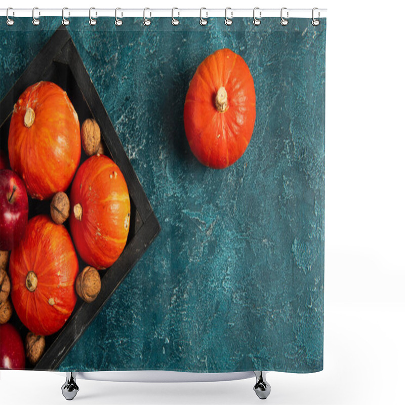 Personality  Black Tray With Orange Pumpkins And Red Apples With Walnuts On Blue Textured Surface, Thanksgiving Shower Curtains