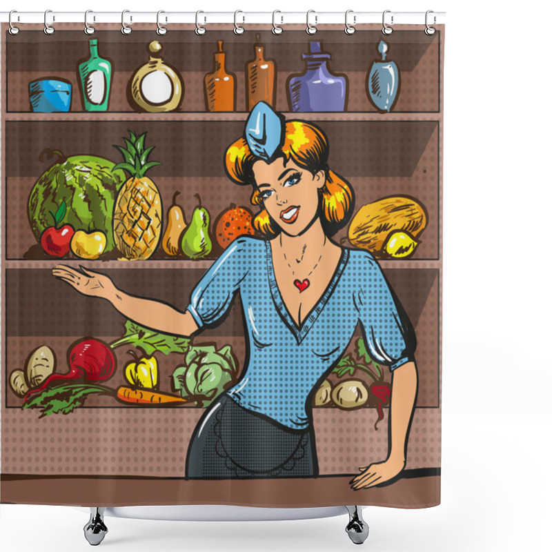 Personality  Vector Pop Art Illustration Of Woman With Fruit And Vegetables Shower Curtains