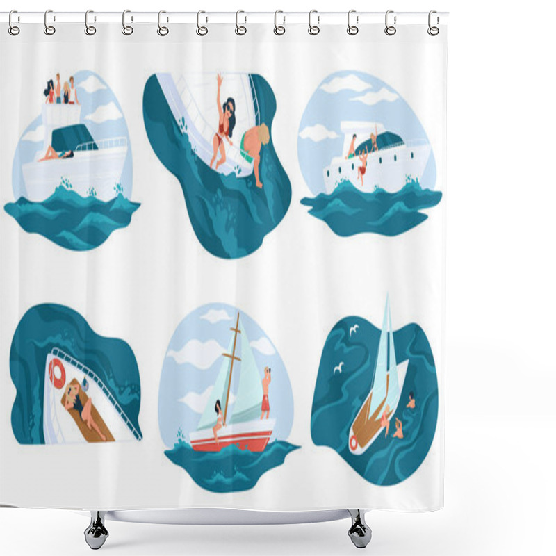 Personality  People Relaxing On Yacht Boat In Summer Holidays Or Vacations. Character On Cruise With Friends. Marine Adventure Of Personages Leading Luxurious Lifestyle. Tourists Sea Walk. Vector In Flat Style Shower Curtains