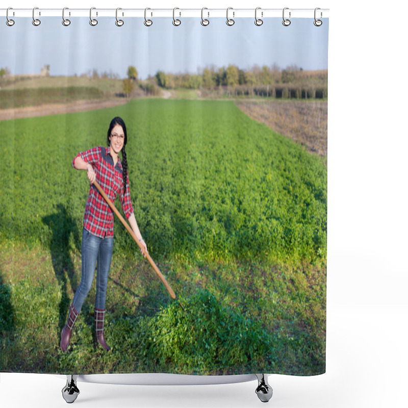 Personality  Young Woman Working In The Field Shower Curtains