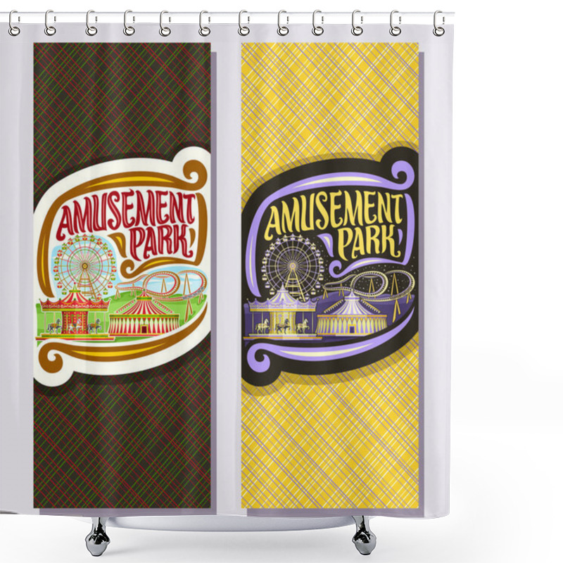 Personality  Vector Vertical Banners For Amusement Park With Copy Space, Cartoon Ferris Wheel, Roller Coaster, Merry Go Round Carrousel With Horses, Circus Big Top, Original Brush Typeface For Words Amusement Park Shower Curtains