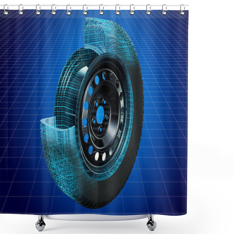 Personality  Visualization 3d Cad Model Of Car Wheel, Blueprint. 3D Rendering Shower Curtains