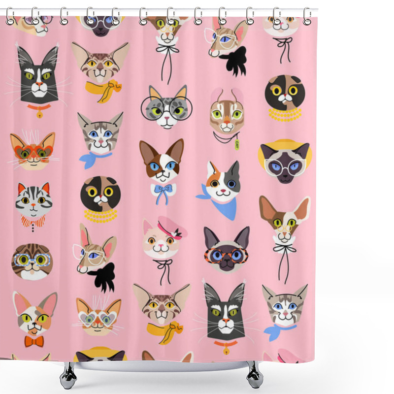 Personality  Cute Cats Head Vector Seamless Pattern. Cute Cat Pet Characters With Glasses, Hat And Bow. Isolated On Pink Background Shower Curtains