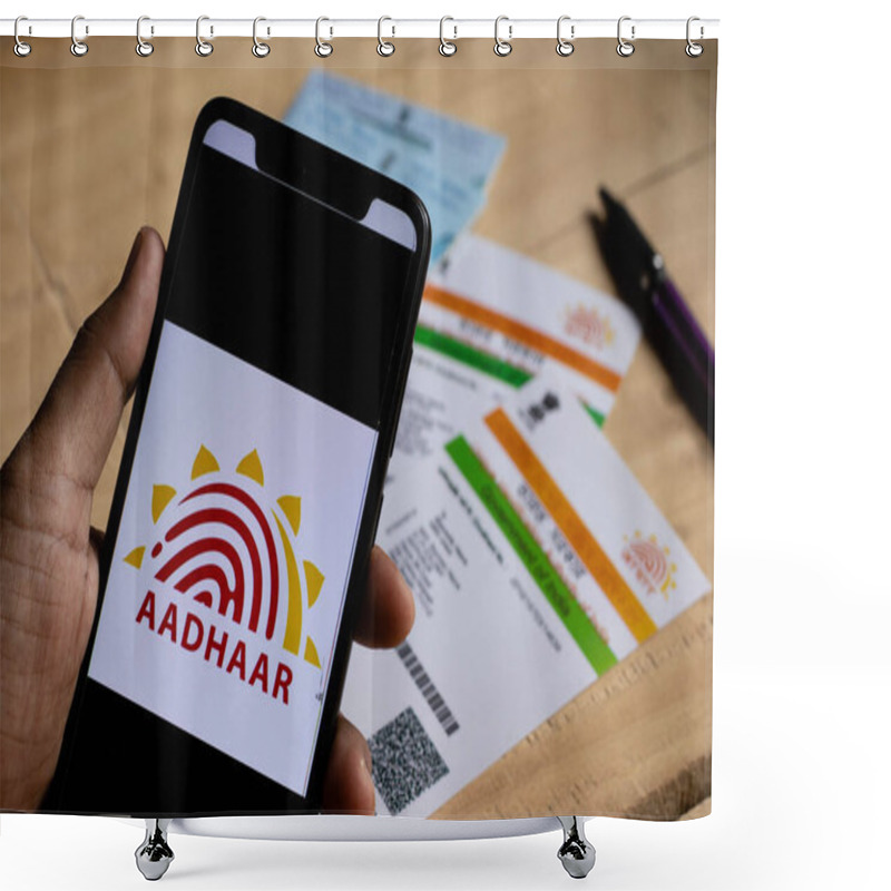 Personality  Birbhum, West Bengal / India - 18th August 2020: Selective Focus On Aadhaar Symbol Through Glasses With PAN And Pen Blurred Shower Curtains