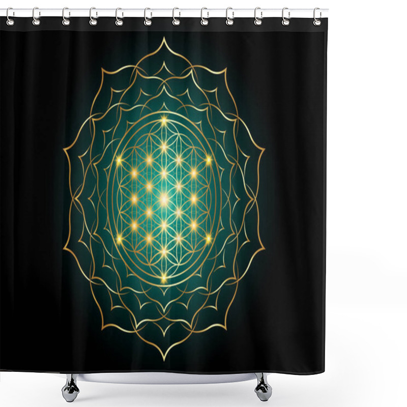 Personality  Flower Of Life, Yantra Mandala In The Lotus Flower, Sacred Geometry. Bright Golden Symbol Of Harmony And Balance. Mystical Gold Talisman, Vector Isolated On Black And Green Background  Shower Curtains