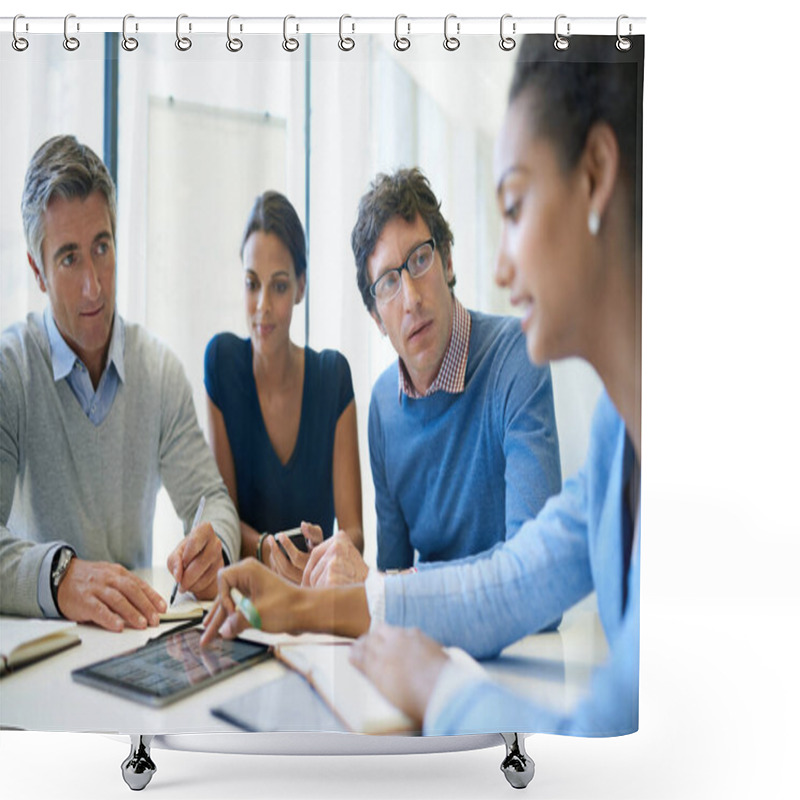 Personality  Planning, Strategy And Tablet With Business People In Meeting For Idea, Project Management And Teamwork. Review, Collaboration And Branding With Employees In Boardroom For Digital, Data And Solution. Shower Curtains