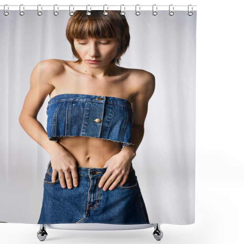 Personality  A Young Woman With Short Hair Strikes A Pose In A Trendy Denim Skirt And Crop Top In A Studio Setting. Shower Curtains