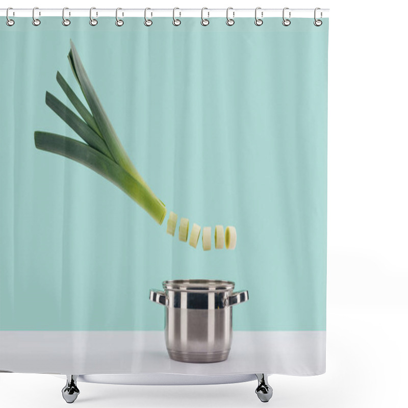 Personality  Green Fresh Sliced Leek Above Saucepan On White Surface Isolated On Turquoise  Shower Curtains