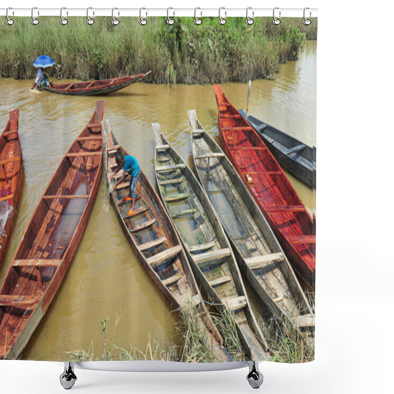 Personality  Sylhet, Bangladesh - 9 September 2023 : Wooden Boats Arranged For Sale At Salutikar Bazar Of Sylhet, Bangladesh. Demand For These Boats Remain Same In The Rural Low-lying Areas Since The Rainy Season Shower Curtains