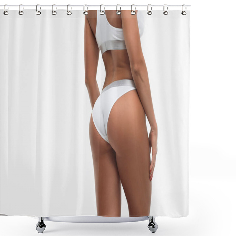 Personality  From Below Back View Of Crop Of Anonymous Seductive Woman In White Lingerie On White Background Shower Curtains