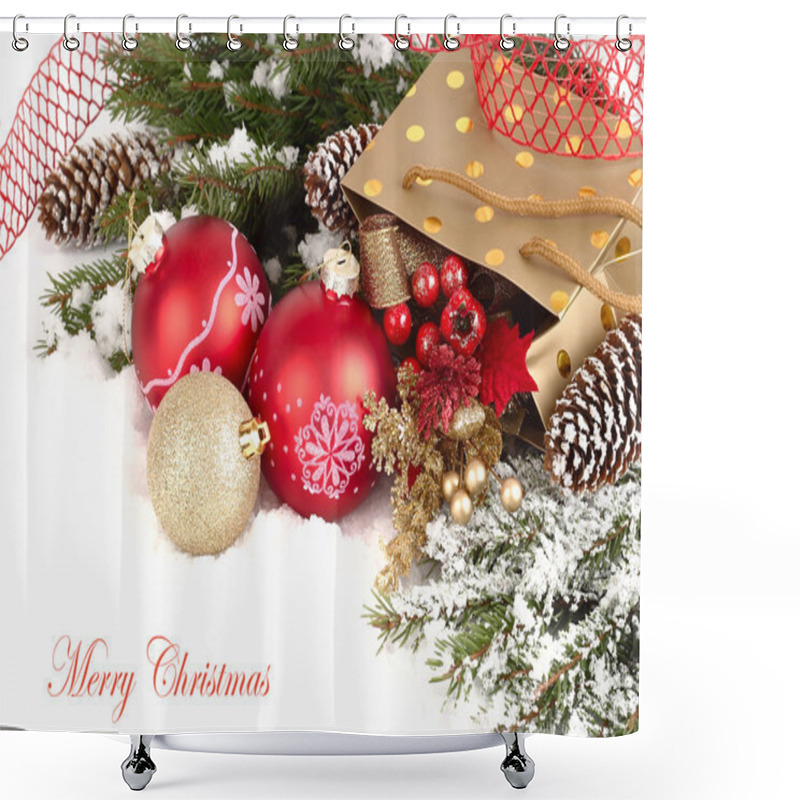 Personality  Christmas Composition With Branches Of A Christmas Tree, Red And Golden Christmas Balls And Cones On A White Background. A Christmas Background With A Place For The Text. Shower Curtains