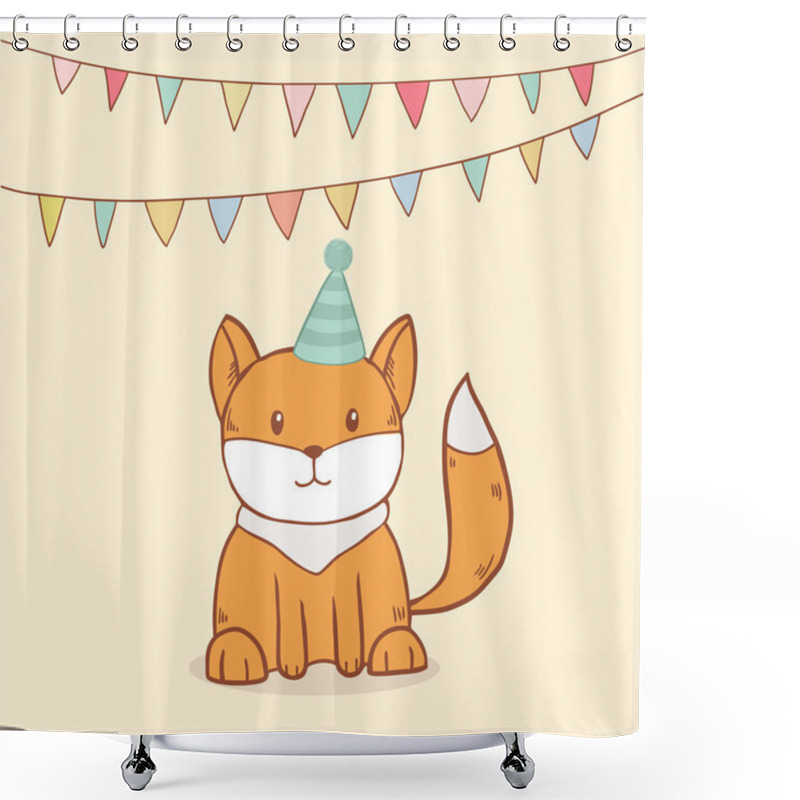 Personality  Cute Birthday Greeting Card With Party Flags And Little Fox Shower Curtains